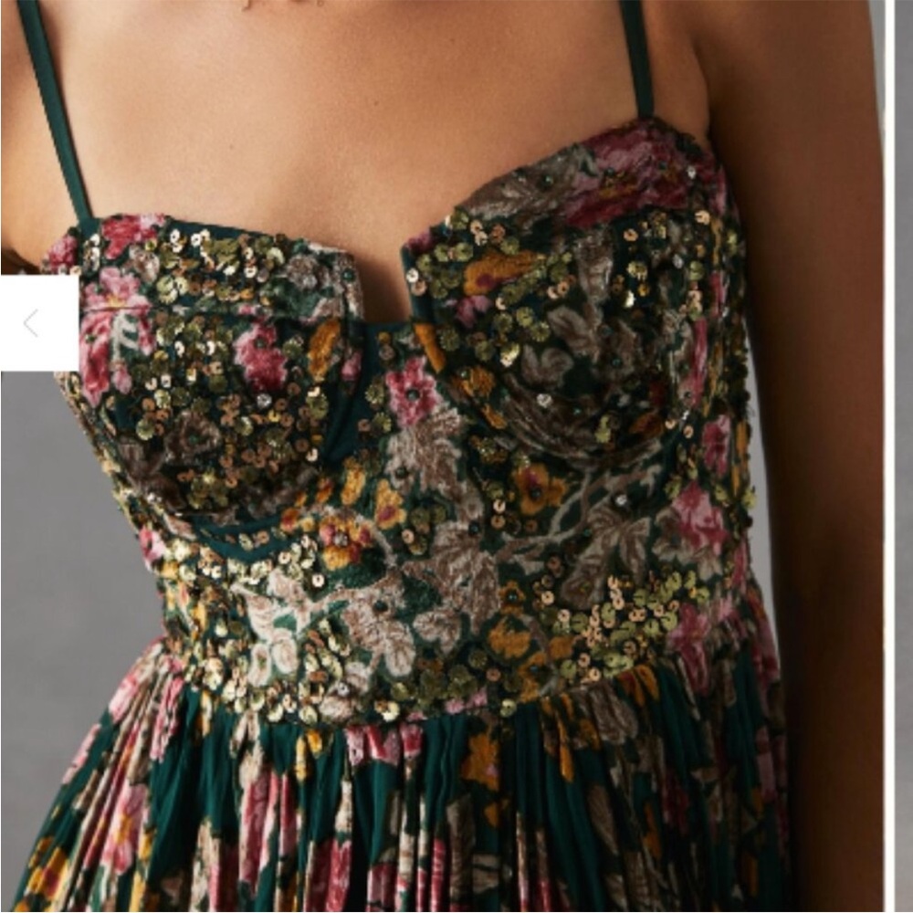 Anthropologie Pink and Green Spaghetti Strap Midi Dress - Picture 2 of 6